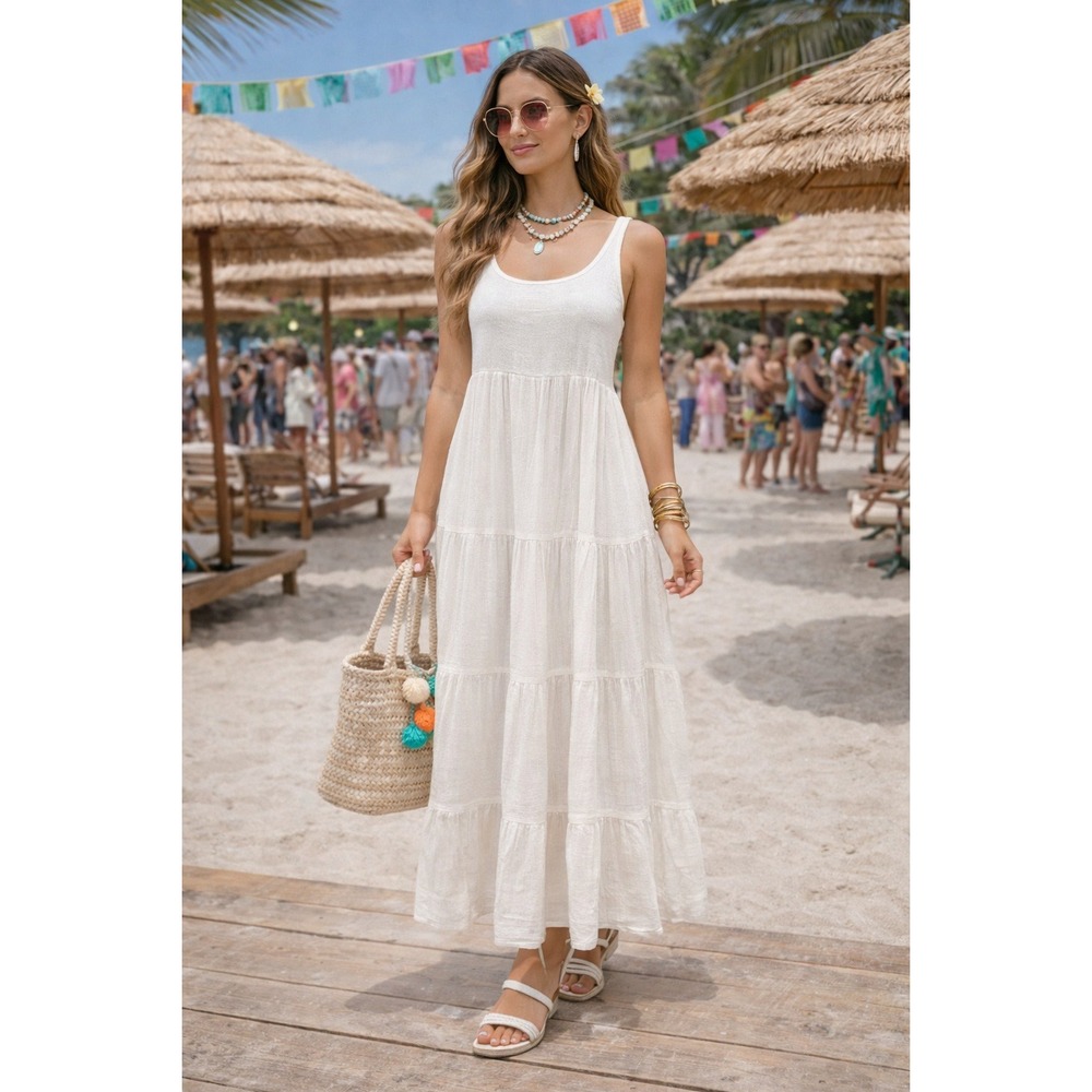 Heartloom Tiered Maxi Dress Womens Small White Gauze Scoop Neck Sleeveless Boho